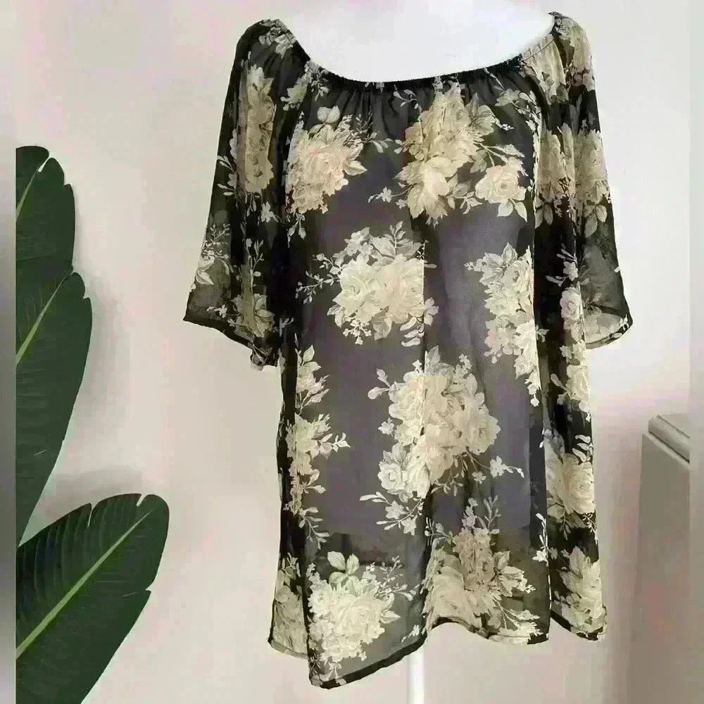 Bobeau Womens Floral Blouse Size Large Black Floral Lightweight Sheer